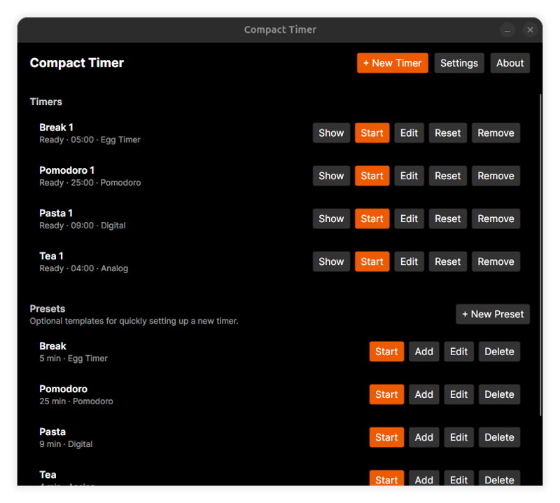 Compact Timer main window showing timers and reusable presets